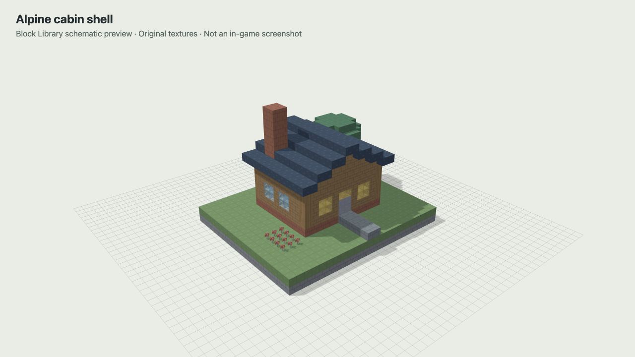 Schematic render of the alpine cabin shell; not an in-game screenshot.