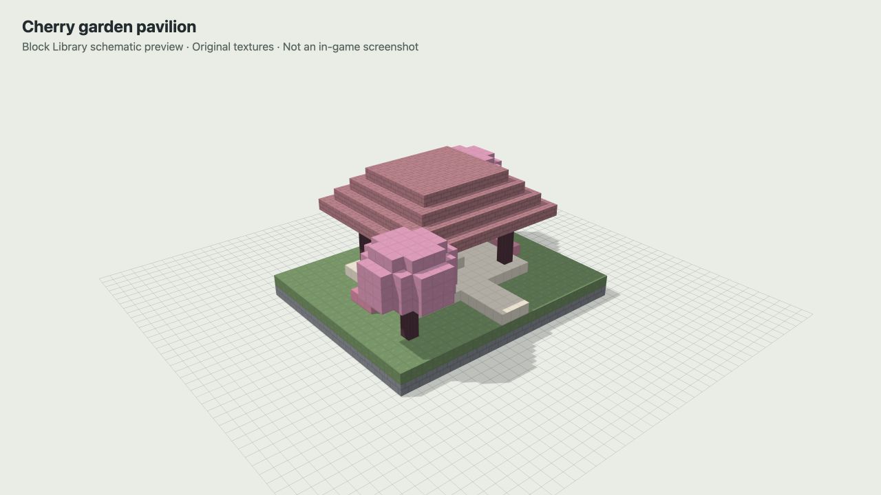 Schematic render of the cherry garden pavilion; not an in-game screenshot.